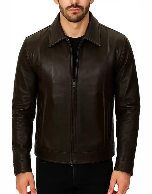 Real Leather Distressed Dark Brown Jacket For Men front zipper closure view UEJ-MLTHR-0006-DBRN