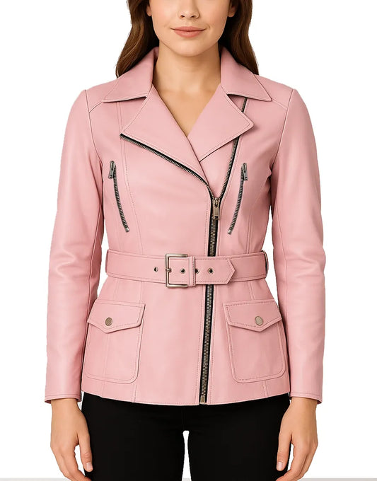 Classic Light Pink Leather Coat For Women Feature zip added UEJ-WCOAT-0004-PNK