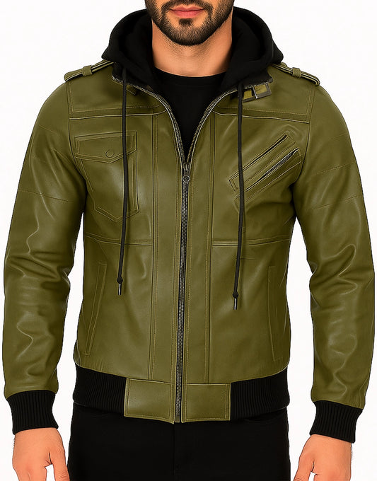 Mens-Olive-Green-Bomber-Leather-Jacket-With-Removable-Hood-MBMBR-0001-front-1.webp