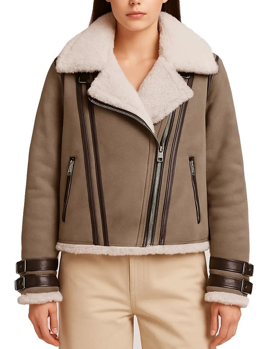 Women’s Suede Leather Brown Shearling Jacket front UEJ-WSHRL-0002-BRN