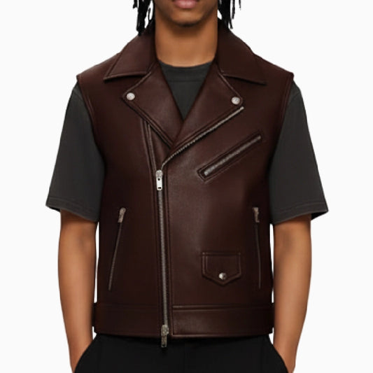 Asymmetrical Brown Leather Vest For Men