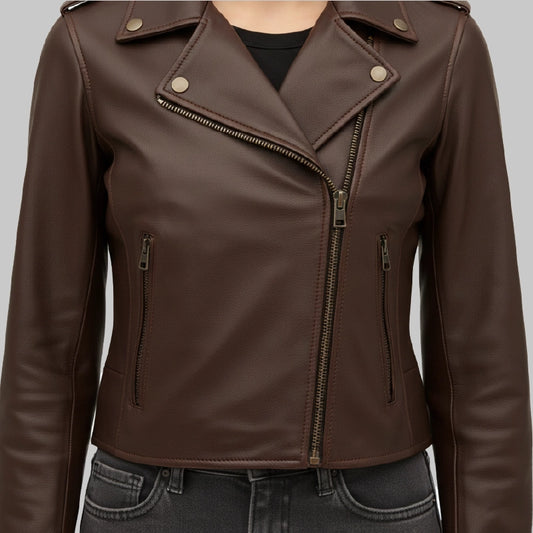 BikerDarkBrownLeatherJacketForWomen