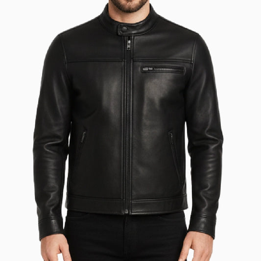 BikerStyleCafeBlackRacerLeatherJacketForMen