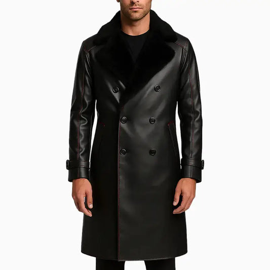 Black Asymmetrical Leather Long Coat with Belted Cuffs for Men