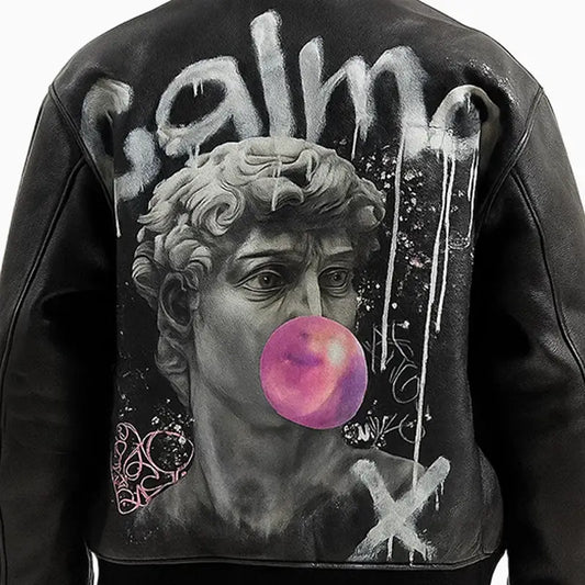 Black Aviator Calma Painted Art Black Leather Jacket for Men