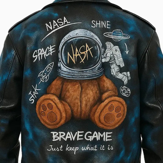 Black Aviator Style Nasa Hand Painted Art Leather Jacket