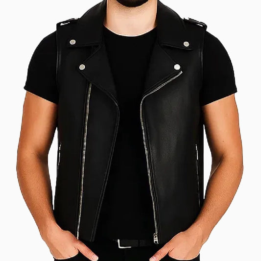 Black Biker Leather Vest For Men