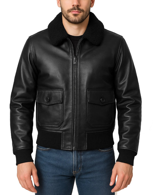 Black Color Rib-Knitted Style Flight Jacket For Men