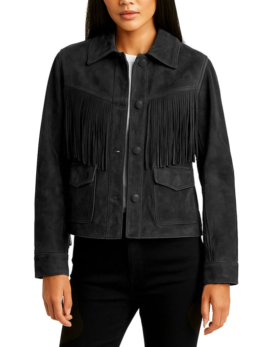 Black Premium Genuine Suede Fringed Jacket