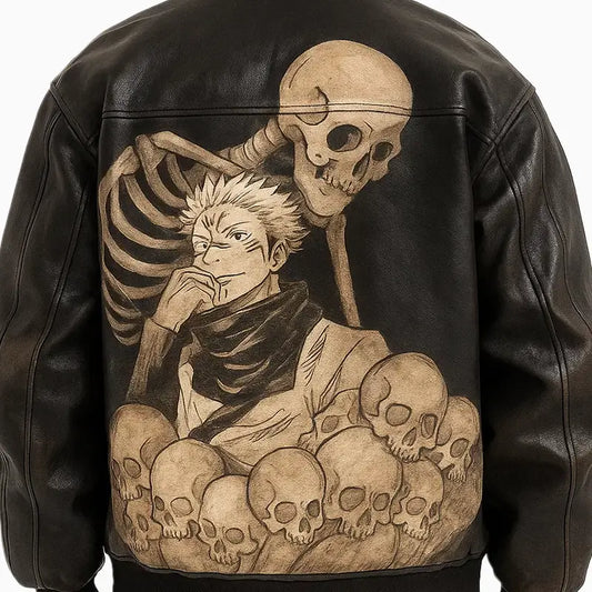 Black Aviator Skull Anime Hand Painted Leather Jacket