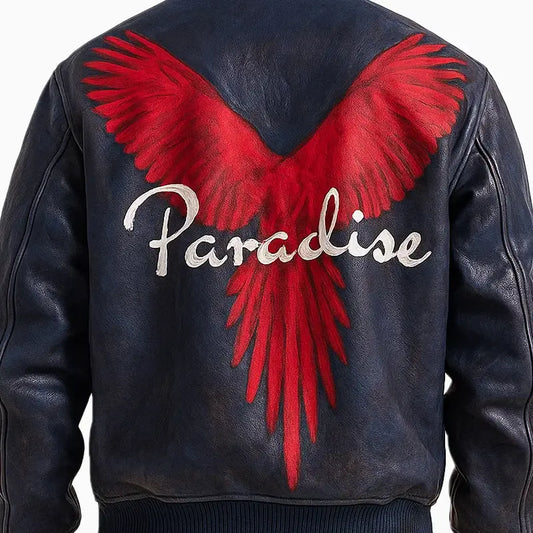 Blue Aviator Style Leather Jacket with Red Hand Painted Phoenix Art