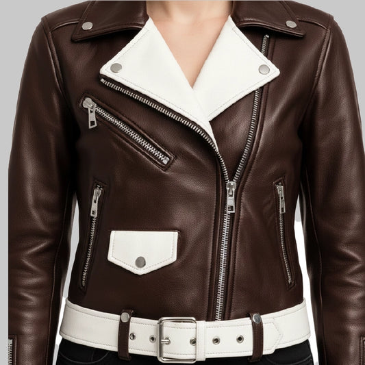 BrownandWhiteMotoJacketForWomen