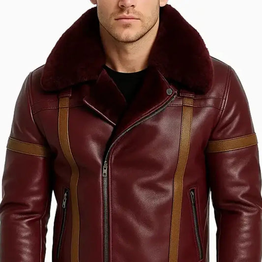Burgundy Aviator Style Shearling Jacket with Brown Leather Stripes