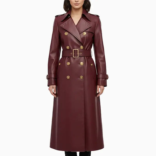 Burgundy Belt Leather Long Coat for Women