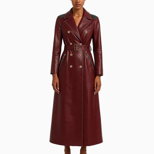 Burgundy Belted Leather Long Coat for Women