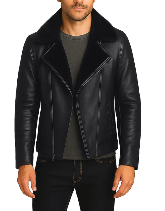 Classic Black Shearling Leather Biker Jacket For Men