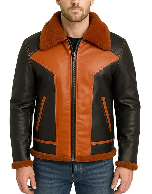 Two Tone Shearling Collar Winter Leather Jacket