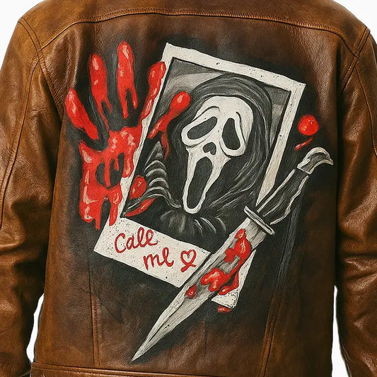 Dark Brown Trucker Scream Face Hand Painted Leather Jacket for Men