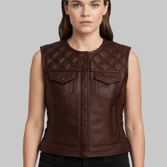 DiamondQuiltBrownLeatherVestForWomenFront