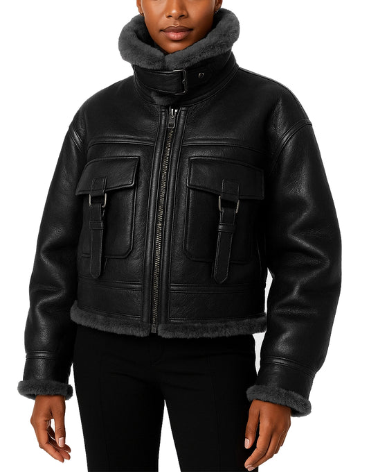 Double Pocket Shearling Jacket In Black