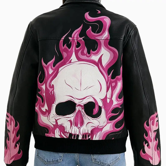 Flaming Skull Design Black Aviator Leather Jacket for Women