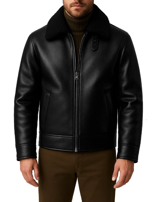 Men’s Fur Lining Genuine Leather Black Aviator Jacket
