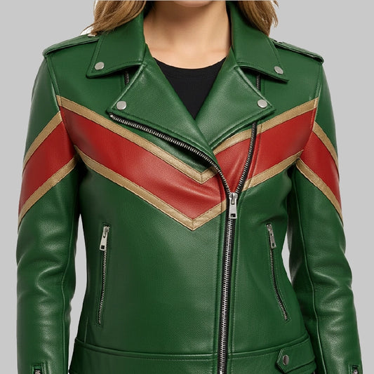 GreenBikerStyleLeatherJacketwithZipperCuffs