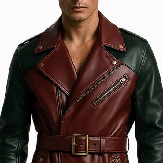 Green and Burgundy Leather Long Coat for Men