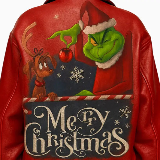 Grinch Hand Painted Red Aviator Leather Jacket for Women