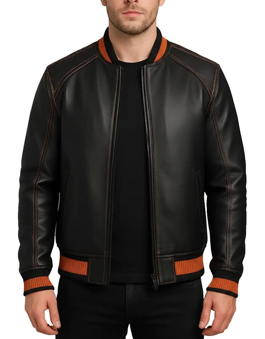 Men’s Black Bomber Leather Jacket with Orange Ribbed Trims