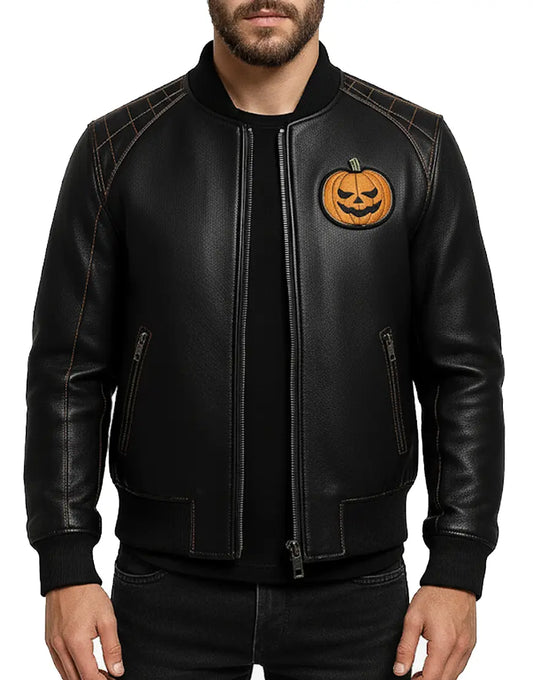 Halloween Inspired Black Embroidered Pumpkin Patch Jacket For Men