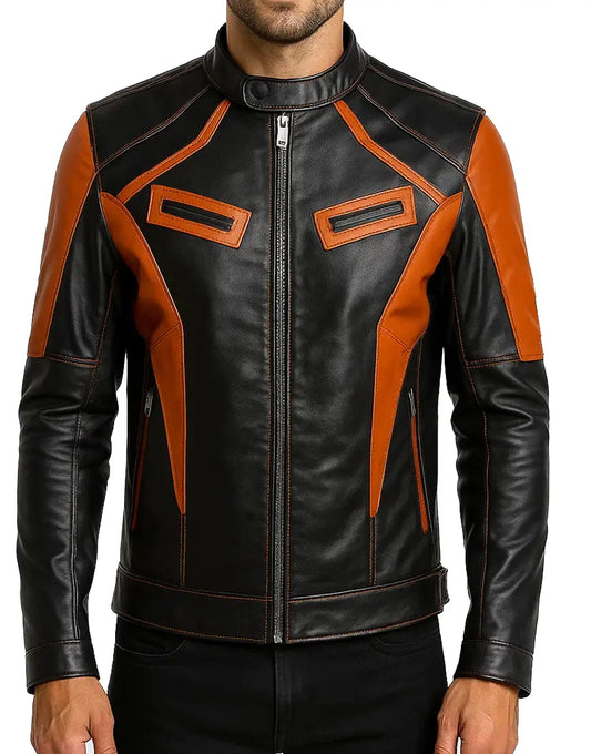 Halloween Inspired Black And Orange Cafe Racer Leather Jacket For Men