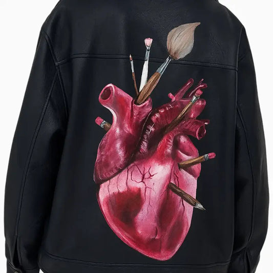 Hand Painted Art Design Black Leather Jacket for Women