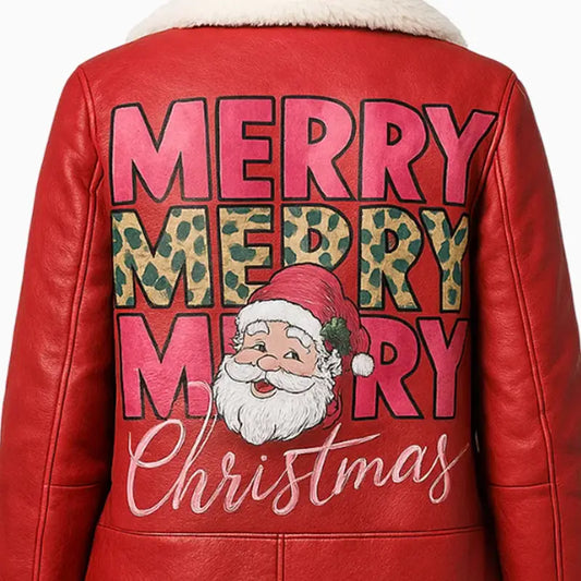Hand Painted Merry Christmas Shearling Long Coat for Women