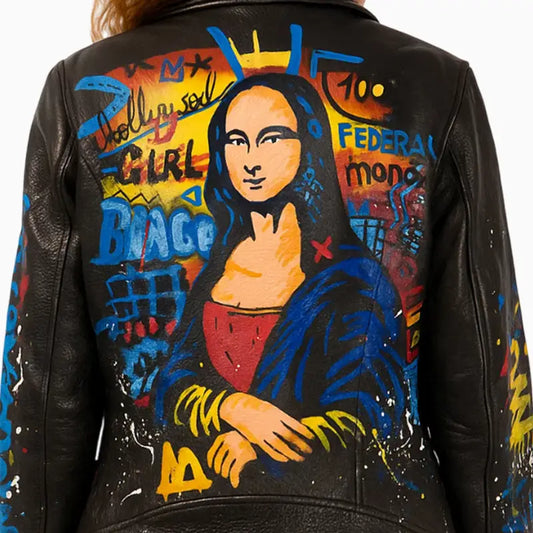 Hand Painted Mona Lisa Dark Brown Moto Leather Jacket