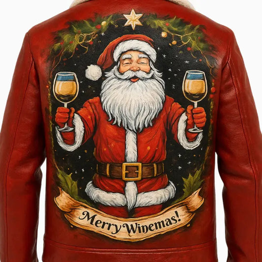 Hand Painted Santa Winemas Leather Jackets for Men