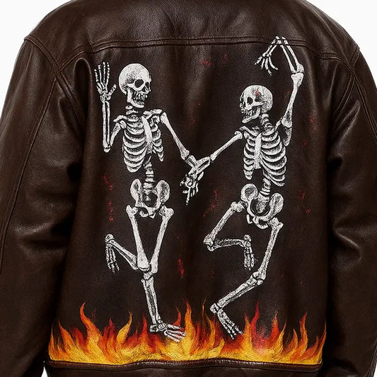 Hand Painted Dancing Skeleton Dark Brown Trucker Style Leather Jacket