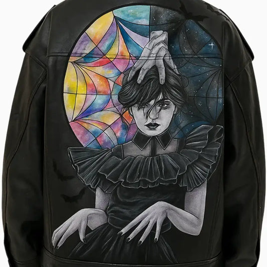 Hand Painted Wednesday Addams Black Leather Jacket