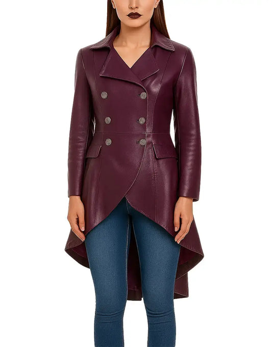 Knee Length Flaired Purple Long Leather Coat For Women