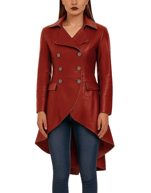 Knee Length Flaired Red Long Leather Coat For Women