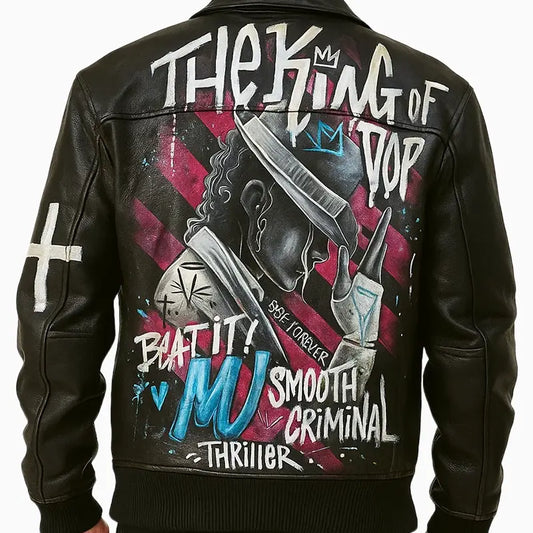 MJ King for Pop Painted Art Black Aviator Style Leather Jacket for Men