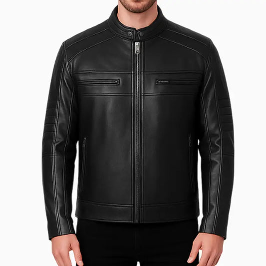 MandarinCollarBlackCafeRacerJacketForMen