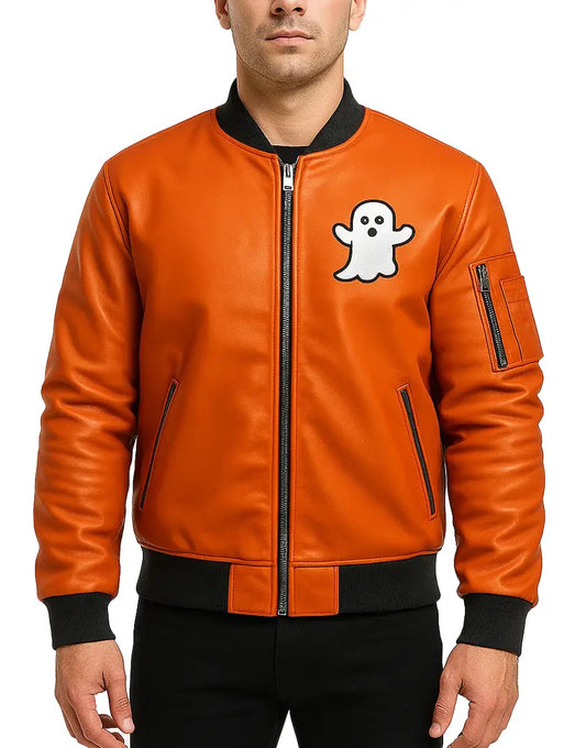 Men Scary Embroidered Patch Orange And Black Leather Bomber Jacket
