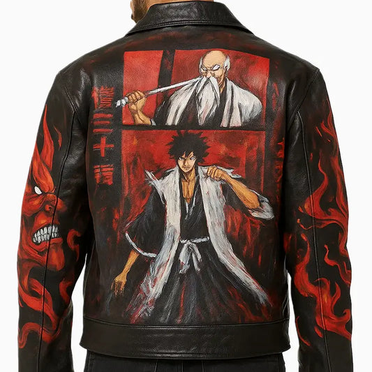 Men’s Black Biker Leather Jacket with Anime Hand Painted Art
