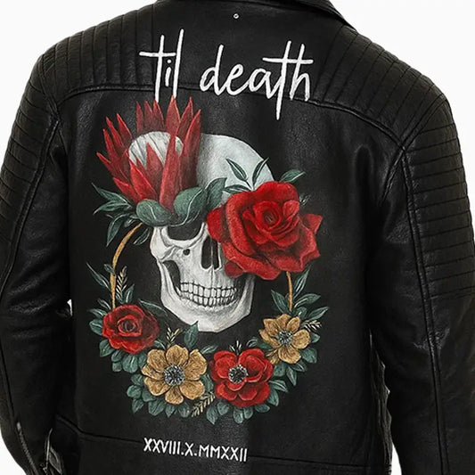 Men’s Black Biker Style Floral Skull Painted Art Leather Jacket