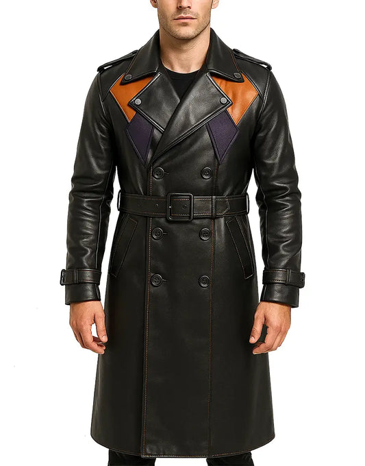 Men’s Black Leather Trench Coat For Halloween