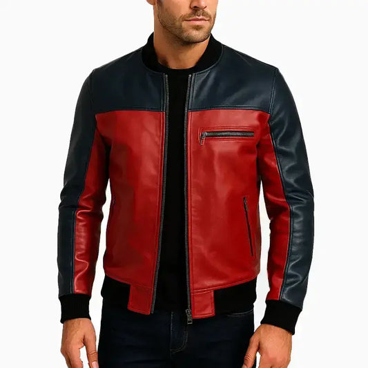 Mens Red & Black Christmas Leather Bomber Jacket
