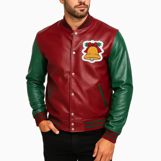 Men's Jingle Bells Embroidered Bomber Leather Jacket Patch