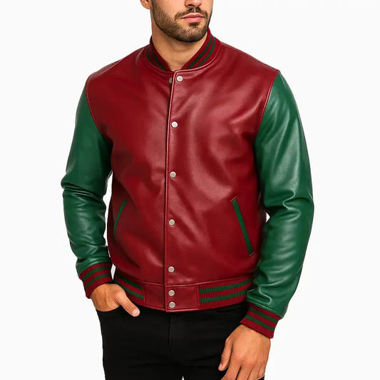 Christmas Style Green and Red Bomber Leather Jacket for Men