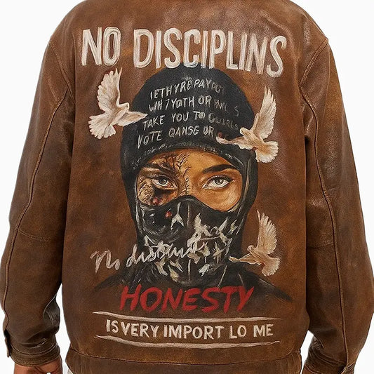 Men’s Brown Leather Jacket with Hand Painted Art